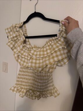 Gingham Smocked Ruffle Off-Shoulder Crop Top - Yellow